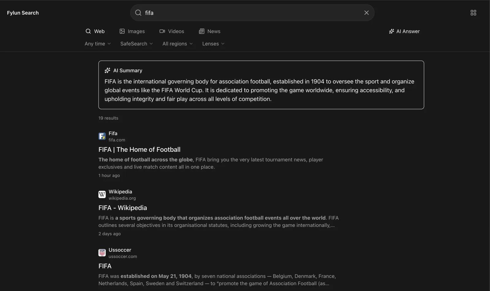 Fylun Search with an AI summary above web results