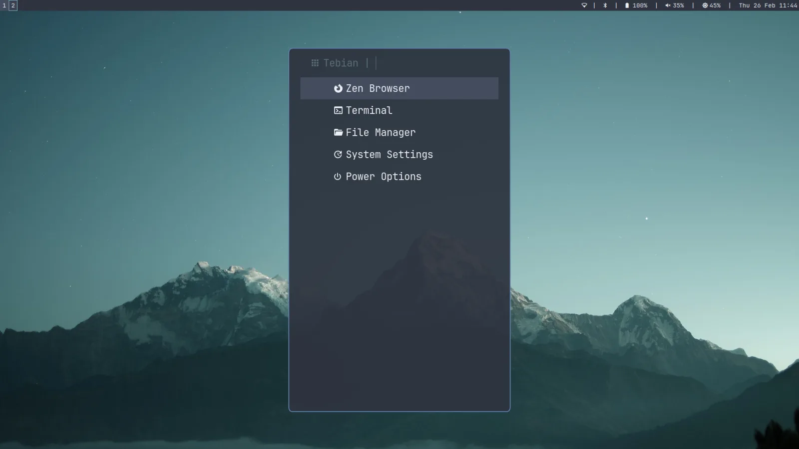 Tebian desktop with its guided launcher menu open